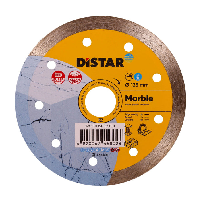 A diamond blade with yellow and black color scheme, designed for cutting marble and other natural stones.