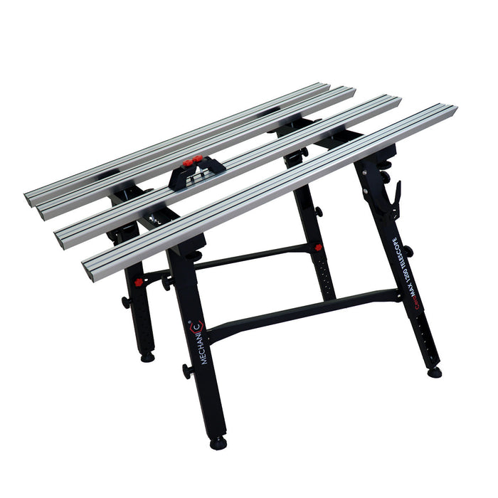 Table saw with multiple extension wings on a white background