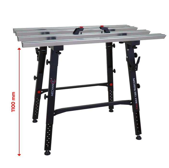 Adjustable workbench with metal surface and black legs, showing measurement of 1100 mm.
