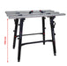 Adjustable workbench with metal surface and black legs, showing measurement of 1100 mm.