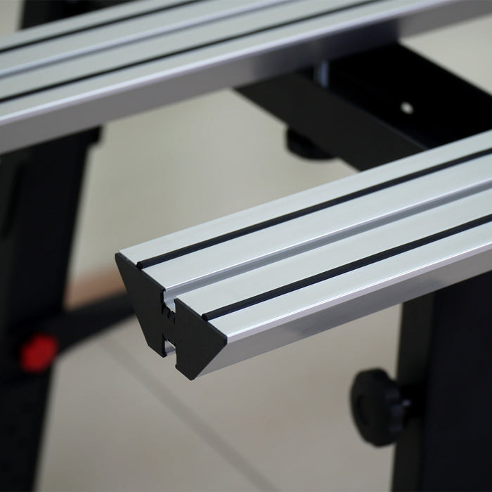 Metal track or guide rail system on a blurred background
