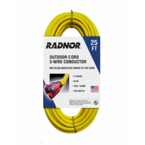 Radnor 25' 12/3 Glow End Extension Cord