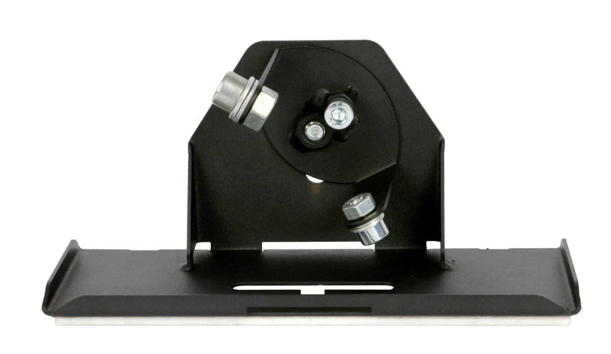 Black metal bracket with screws on a white background