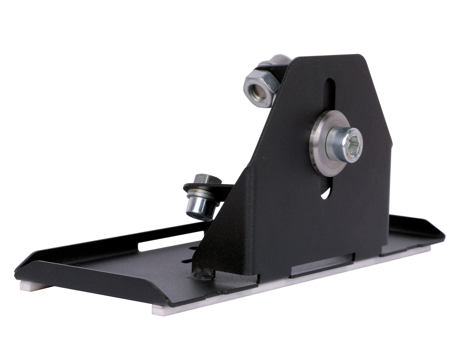 Black metal bracket with bolts on a white background